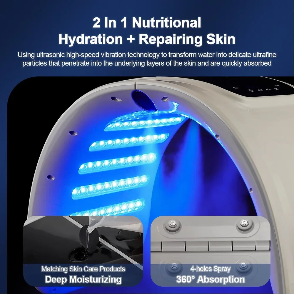 Blue LED facial device with ultrasonic mist for deep skin hydration and repair