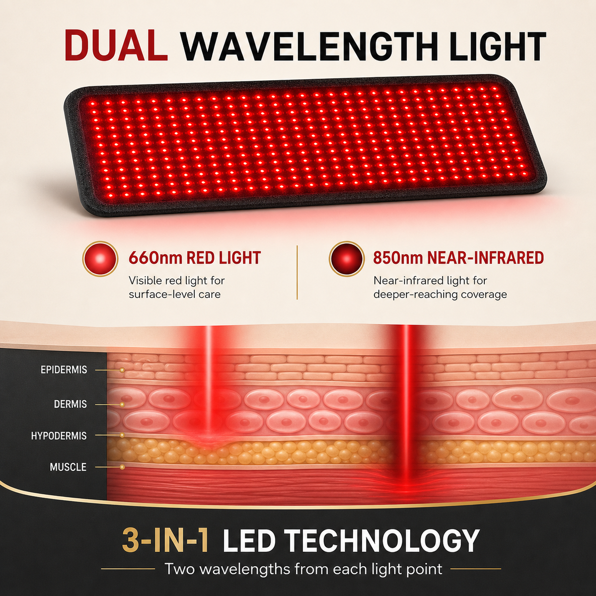 Dual 660nm red and 850nm near-infrared light wavelengths in the flexible body therapy pad