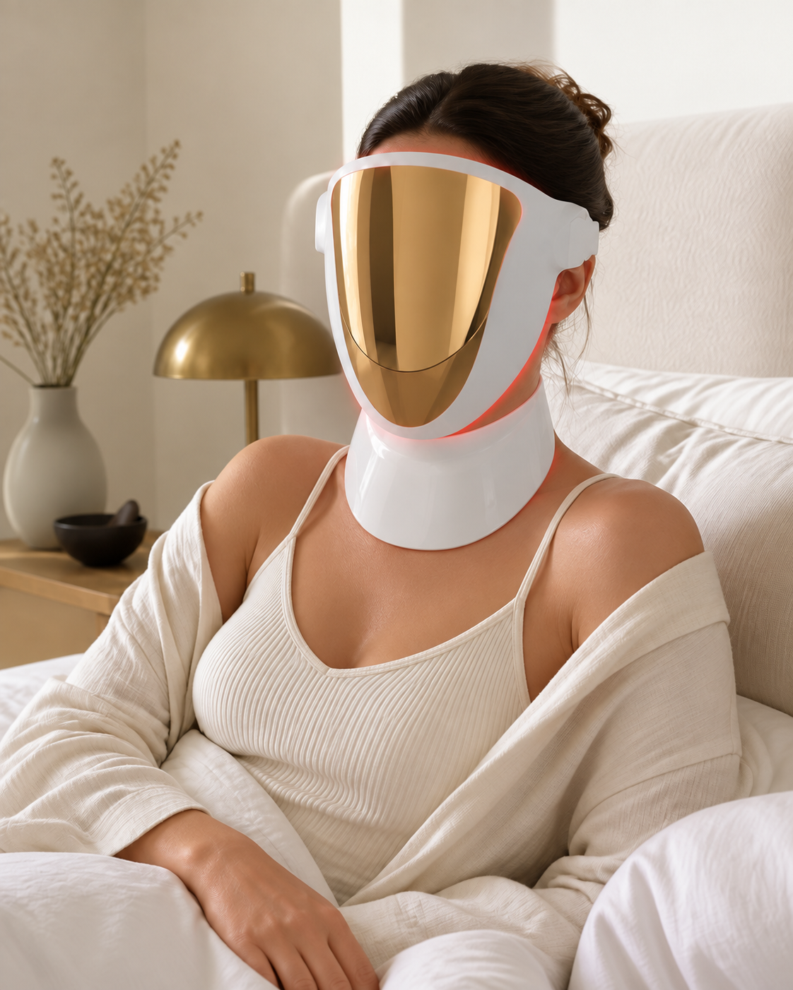 Woman using a face and neck LED light therapy mask at home